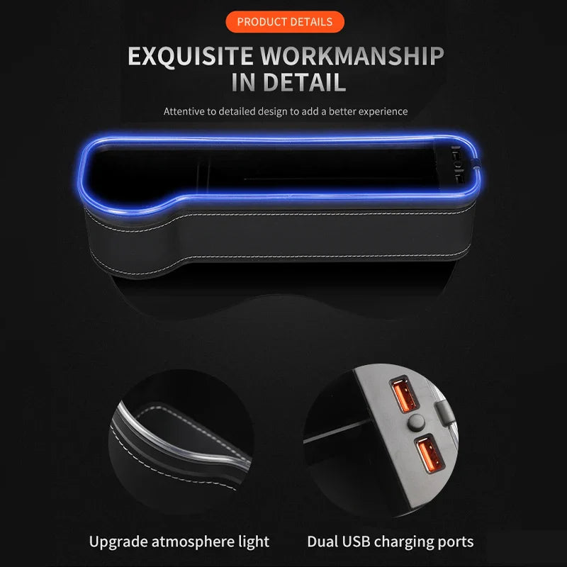 LED Car Seat Gap Filler Organizer with Cup Holder & USB Charging