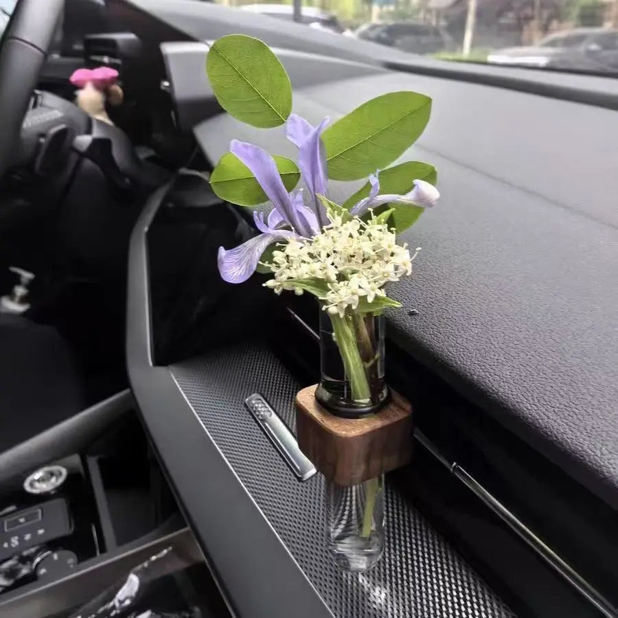 Mini Car Flower Vase Clip – Walnut & Glass
